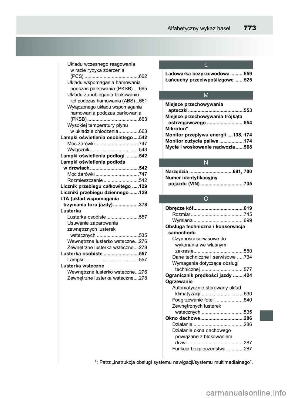 TOYOTA PRIUS 2021  Instrukcja obsługi (in Polish) Alfabetyczny wykaz hase∏773
Uk∏adu wczesnego reagowania 
w razie ryzyka zderzenia 
(PCS) ........................................662
Uk∏adu wspomagania hamowania 
podczas parkowania (PKSB) ....6