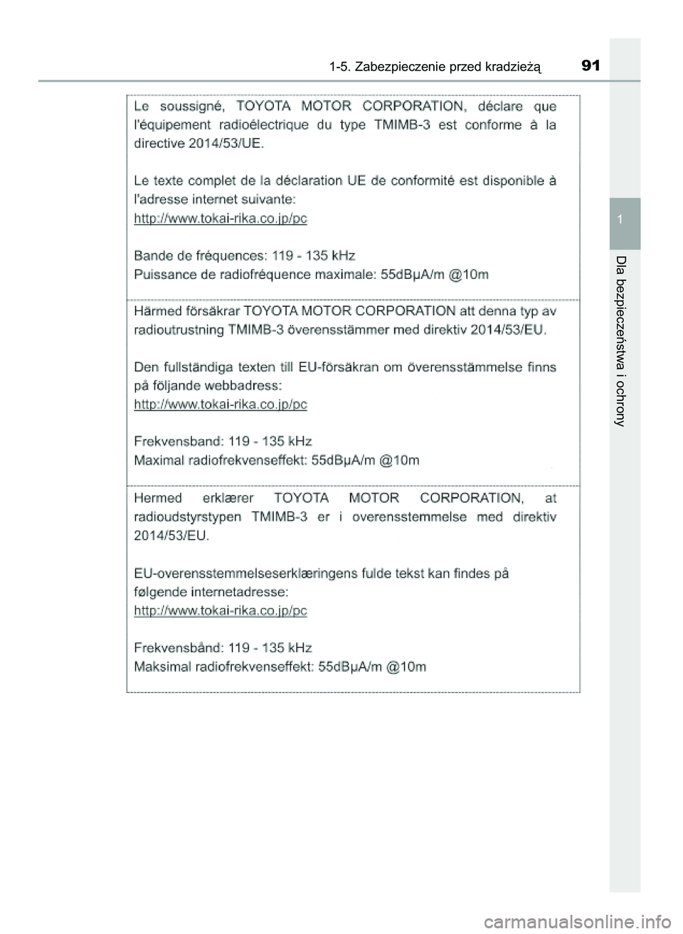 TOYOTA PRIUS 2021  Instrukcja obsługi (in Polish) 1-5. Zabezpieczenie przed kradzie˝à91
1
Dla bezpieczeƒstwa i ochrony
39 PRIUS OM47E11E  18/8/20  14:44  Page 91 