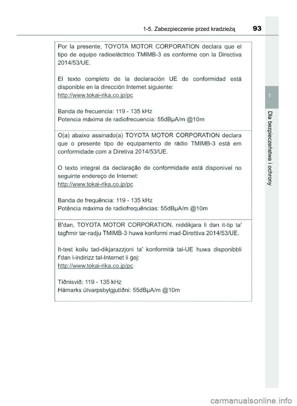 TOYOTA PRIUS 2021  Instrukcja obsługi (in Polish) 1-5. Zabezpieczenie przed kradzie˝à93
1
Dla bezpieczeƒstwa i ochrony
39 PRIUS OM47E11E  18/8/20  14:44  Page 93 
