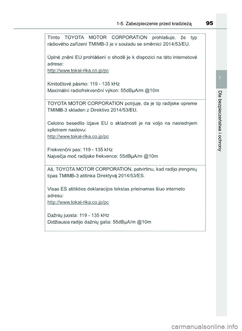 TOYOTA PRIUS 2021  Instrukcja obsługi (in Polish) 1-5. Zabezpieczenie przed kradzie˝à95
1
Dla bezpieczeƒstwa i ochrony
39 PRIUS OM47E11E  18/8/20  14:45  Page 95 
