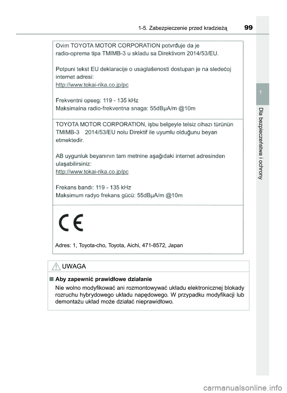 TOYOTA PRIUS 2021  Instrukcja obsługi (in Polish) 1-5. Zabezpieczenie przed kradzie˝à99
1
Dla bezpieczeƒstwa i ochrony
Aby zapewniç prawid∏owe dzia∏anie
Nie wolno modyfikowaç ani rozmontowywaç uk∏adu elektronicznej blokady
rozruchu  hybr