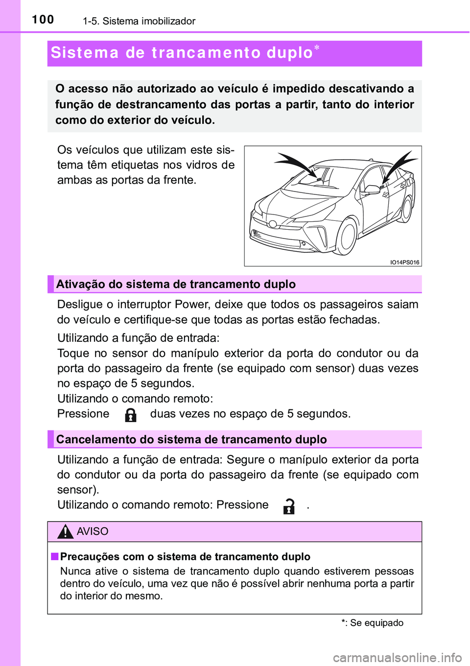 TOYOTA PRIUS 2021 Manual de utilização (in Portuguese) 1001-5. Sistema imobilizador
Sistema de trancamento duplo
Os veículos que utilizam este sis-
tema têm etiquetas nos vidros de
ambas as portas da frente.
Desligue o interruptor Power, TOYOTA PRIUS 2021 Manual de utilização (in Portuguese) 1001-5. Sistema imobilizador
Sistema de trancamento duplo
Os veículos que utilizam este sis-
tema têm etiquetas nos vidros de
ambas as portas da frente.
Desligue o interruptor Power,