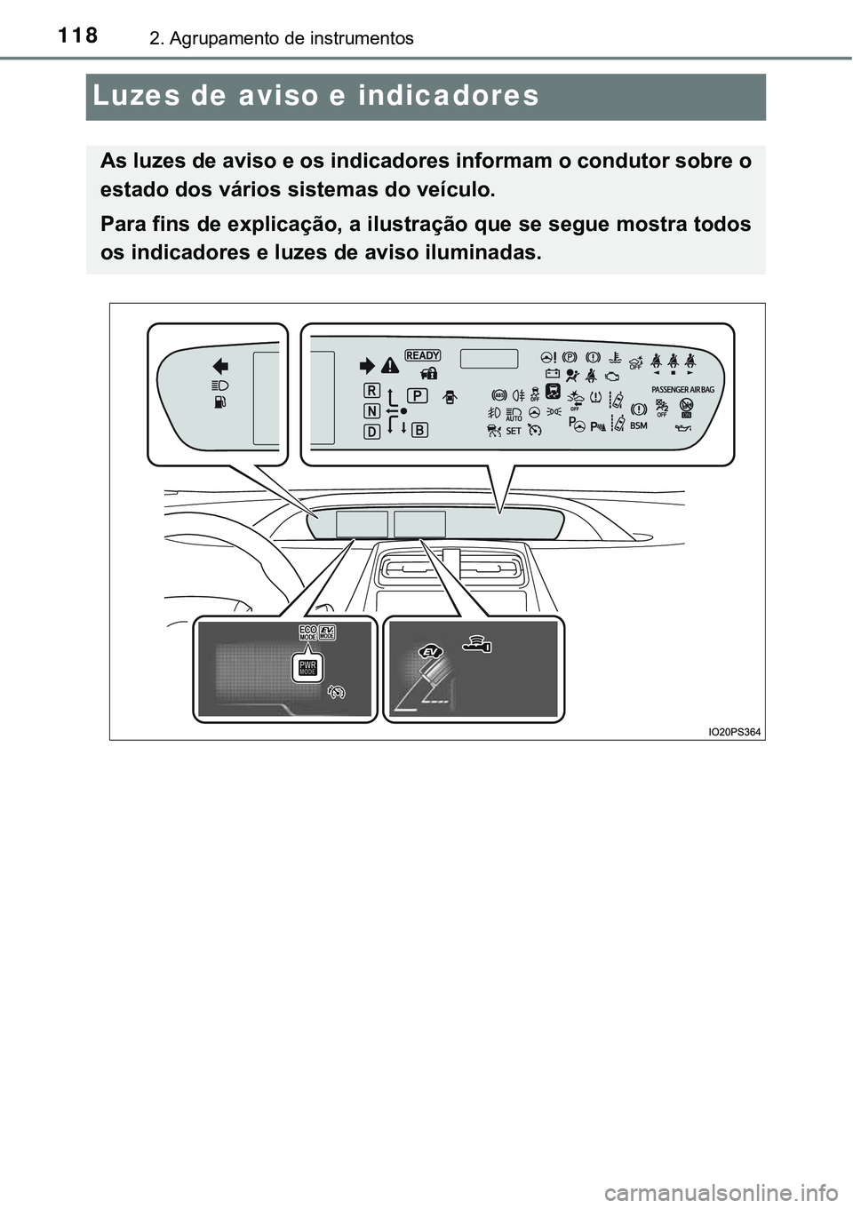 TOYOTA PRIUS 2021  Manual de utilização (in Portuguese) 1182. Agrupamento de instrumentos
Luzes de aviso e indicadores
As luzes de aviso e os indicadores informam o condutor sobre o
estado dos vários sistemas do veículo.
Para fins de explicação, a ilus