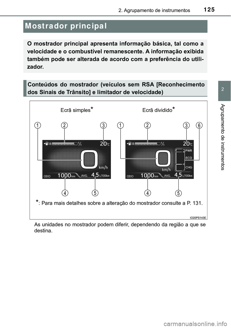TOYOTA PRIUS 2021 Manual de utilização (in Portuguese) 125
2
2. Agrupamento de instrumentos
Agrupamento de instrumentos
Mostrador principal
As unidades no mostrador podem diferir, dependendo da região a que se
destina.
O mostrador principal apresenta TOYOTA PRIUS 2021 Manual de utilização (in Portuguese) 125
2
2. Agrupamento de instrumentos
Agrupamento de instrumentos
Mostrador principal
As unidades no mostrador podem diferir, dependendo da região a que se
destina.
O mostrador principal apresenta