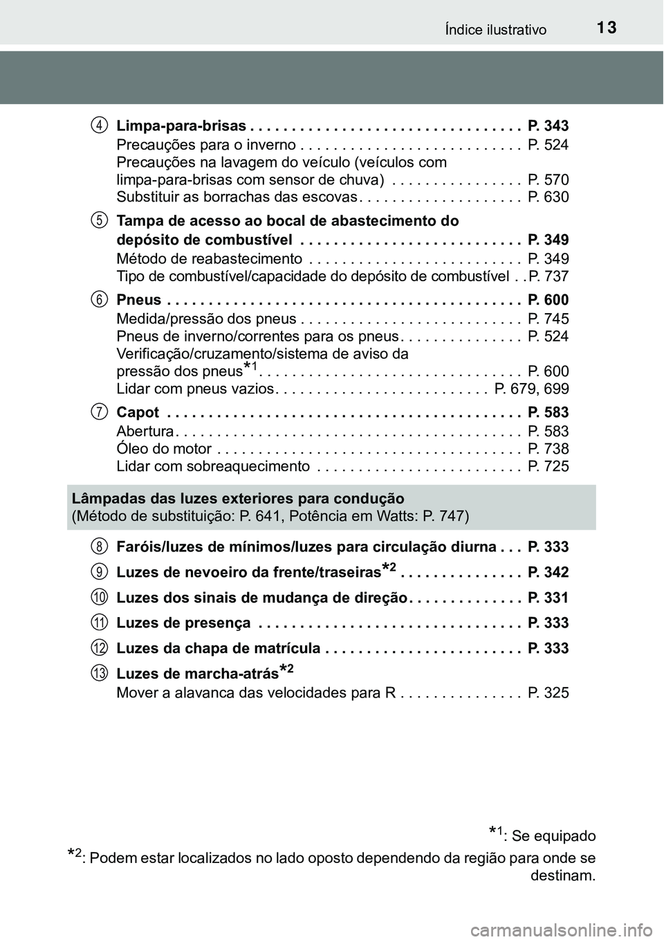 TOYOTA PRIUS 2021 Manual de utilização (in Portuguese) 13Índice ilustrativo
Limpa-para-brisas . . . . . . . . . . . . . . . . . . . . . . . . . . . . . . . . . P. 343
Precauções para o inverno . . . . . . . . . . . . . . . . . . . . . . . . . . . P. TOYOTA PRIUS 2021 Manual de utilização (in Portuguese) 13Índice ilustrativo
Limpa-para-brisas . . . . . . . . . . . . . . . . . . . . . . . . . . . . . . . . . P. 343
Precauções para o inverno . . . . . . . . . . . . . . . . . . . . . . . . . . . P.