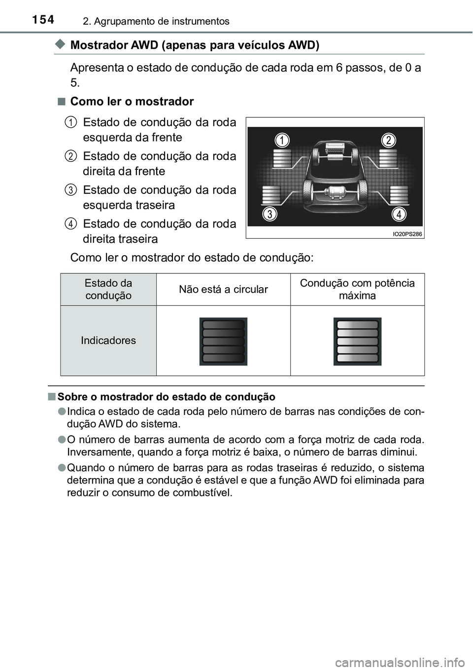 TOYOTA PRIUS 2021 Manual de utilização (in Portuguese) 1542. Agrupamento de instrumentos
◆Mostrador AWD (apenas para veículos AWD)
Apresenta o estado de condução de cada roda em 6 passos, de 0 a
5.
■Como ler o mostrador
Estado de condução da roda TOYOTA PRIUS 2021 Manual de utilização (in Portuguese) 1542. Agrupamento de instrumentos
◆Mostrador AWD (apenas para veículos AWD)
Apresenta o estado de condução de cada roda em 6 passos, de 0 a
5.
■Como ler o mostrador
Estado de condução da roda