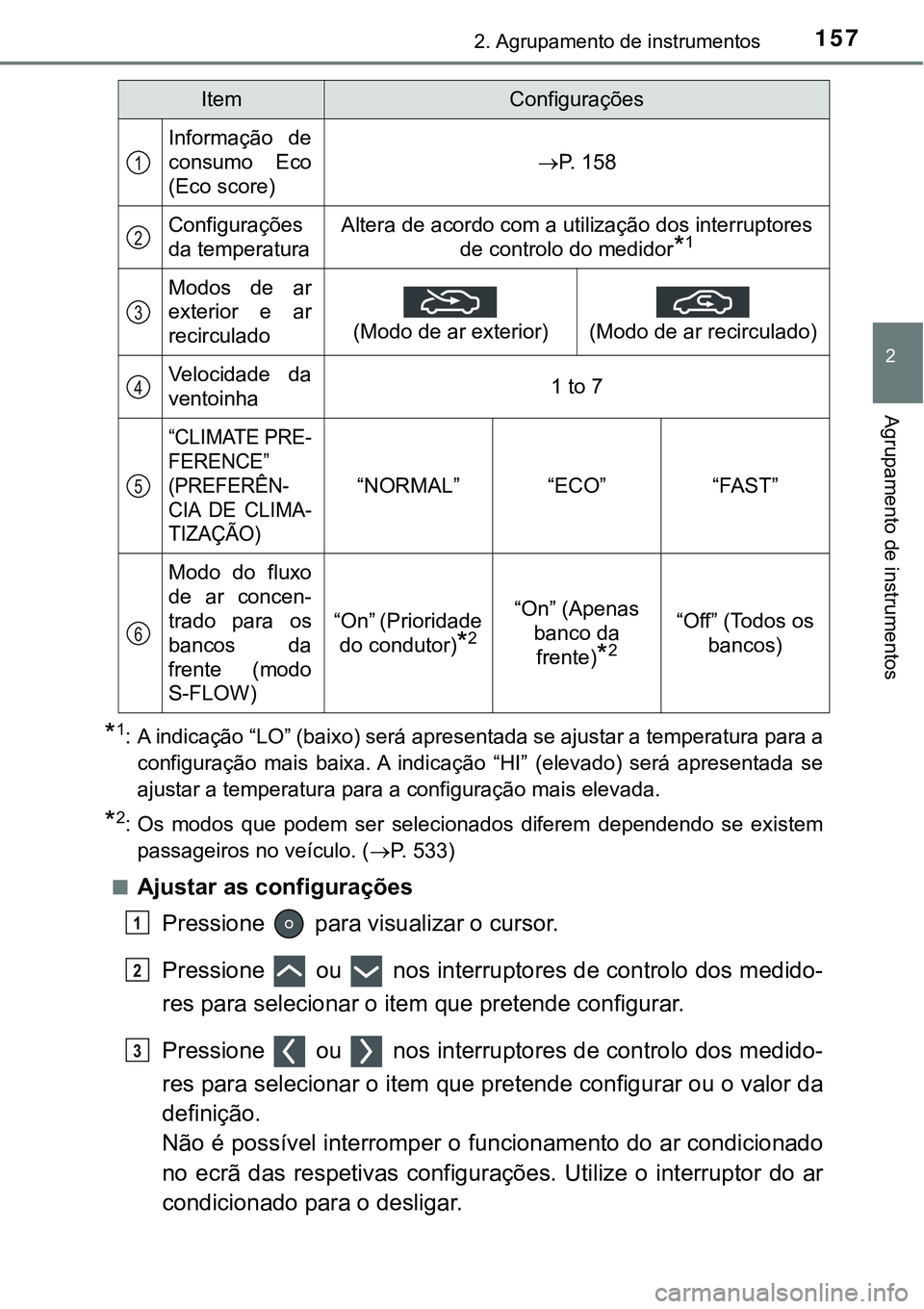 TOYOTA PRIUS 2021 Manual de utilização (in Portuguese) 1572. Agrupamento de instrumentos
2
Agrupamento de instrumentos
*1: A indicação “LO” (baixo) será apresentada se ajustar a temperatura para a
configuração mais baixa. A indicação “HI TOYOTA PRIUS 2021 Manual de utilização (in Portuguese) 1572. Agrupamento de instrumentos
2
Agrupamento de instrumentos
*1: A indicação “LO” (baixo) será apresentada se ajustar a temperatura para a
configuração mais baixa. A indicação “HI