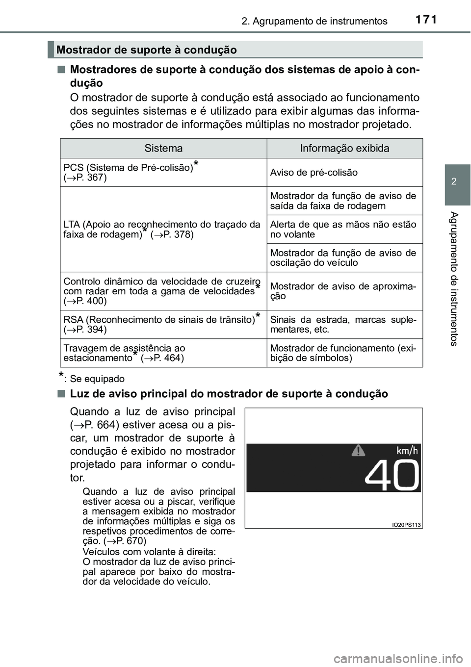 TOYOTA PRIUS 2021 Manual de utilização (in Portuguese) 1712. Agrupamento de instrumentos
2
Agrupamento de instrumentos
■Mostradores de suporte à condução dos sistemas de apoio à con-
dução
O mostrador de suporte à condução está associado ao fu TOYOTA PRIUS 2021 Manual de utilização (in Portuguese) 1712. Agrupamento de instrumentos
2
Agrupamento de instrumentos
■Mostradores de suporte à condução dos sistemas de apoio à con-
dução
O mostrador de suporte à condução está associado ao fu