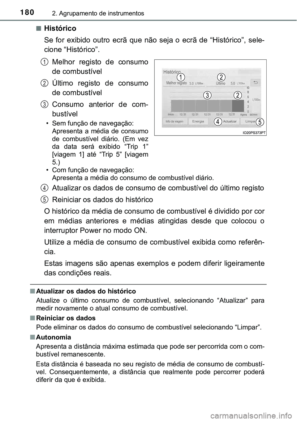 TOYOTA PRIUS 2021 Manual de utilização (in Portuguese) 1802. Agrupamento de instrumentos
■Histórico
Se for exibido outro ecrã que não seja o ecrã de “Histórico”, sele-
cione “Histórico”.
Melhor registo de consumo
de combust TOYOTA PRIUS 2021 Manual de utilização (in Portuguese) 1802. Agrupamento de instrumentos
■Histórico
Se for exibido outro ecrã que não seja o ecrã de “Histórico”, sele-
cione “Histórico”.
Melhor registo de consumo
de combust