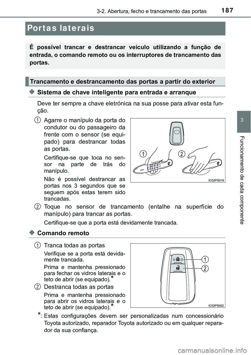 TOYOTA PRIUS 2021 Manual de utilização (in Portuguese) 187
3
3-2. Abertura, fecho e trancamento das portas
Funcionamento de cada componente
Portas laterais
◆Sistema de chave inteligente para entrada e arranque
Deve ter sempre a chave eletrónica na sua TOYOTA PRIUS 2021 Manual de utilização (in Portuguese) 187
3
3-2. Abertura, fecho e trancamento das portas
Funcionamento de cada componente
Portas laterais
◆Sistema de chave inteligente para entrada e arranque
Deve ter sempre a chave eletrónica na sua