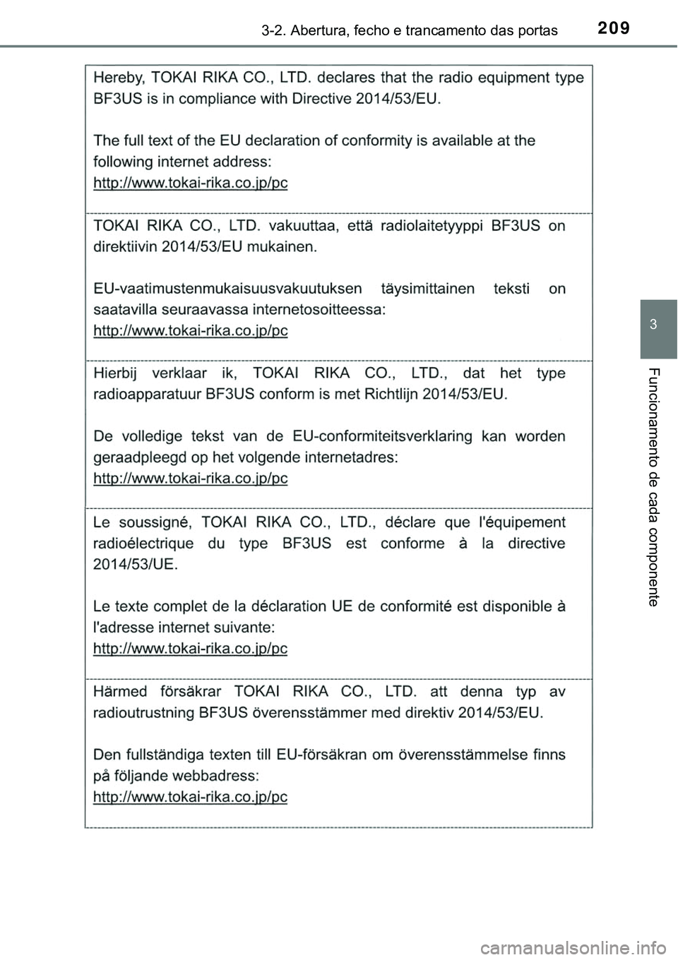 TOYOTA PRIUS 2021 Manual de utilização (in Portuguese) 2093-2. Abertura, fecho e trancamento das portas
3
Funcionamento de cada componente TOYOTA PRIUS 2021 Manual de utilização (in Portuguese) 2093-2. Abertura, fecho e trancamento das portas
3
Funcionamento de cada componente