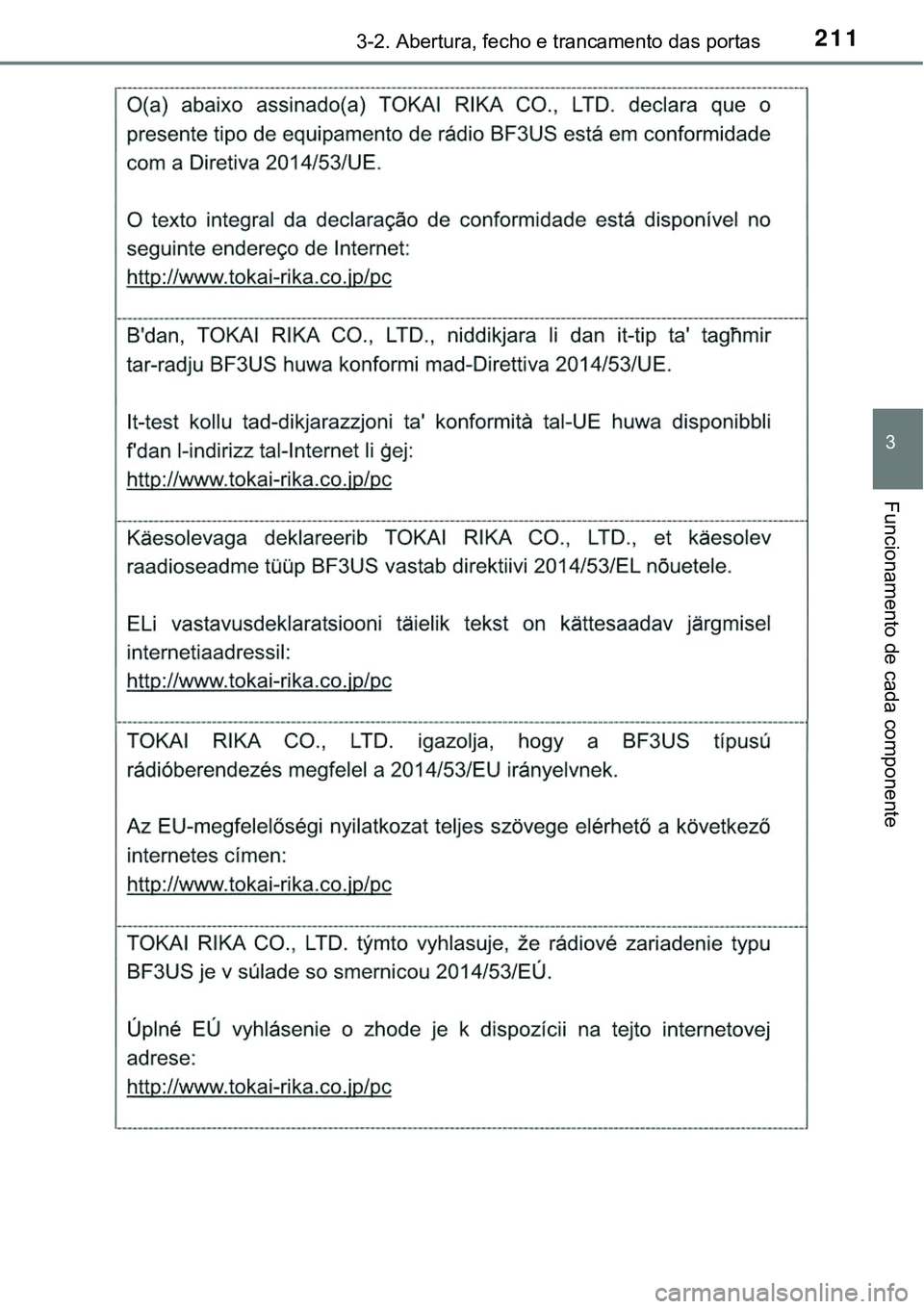TOYOTA PRIUS 2021 Manual de utilização (in Portuguese) 2113-2. Abertura, fecho e trancamento das portas
3
Funcionamento de cada componente TOYOTA PRIUS 2021 Manual de utilização (in Portuguese) 2113-2. Abertura, fecho e trancamento das portas
3
Funcionamento de cada componente