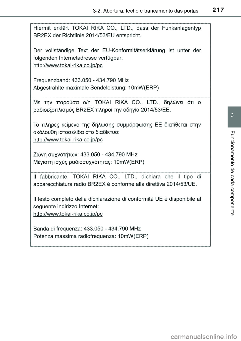 TOYOTA PRIUS 2021 Manual de utilização (in Portuguese) 2173-2. Abertura, fecho e trancamento das portas
3
Funcionamento de cada componente TOYOTA PRIUS 2021 Manual de utilização (in Portuguese) 2173-2. Abertura, fecho e trancamento das portas
3
Funcionamento de cada componente