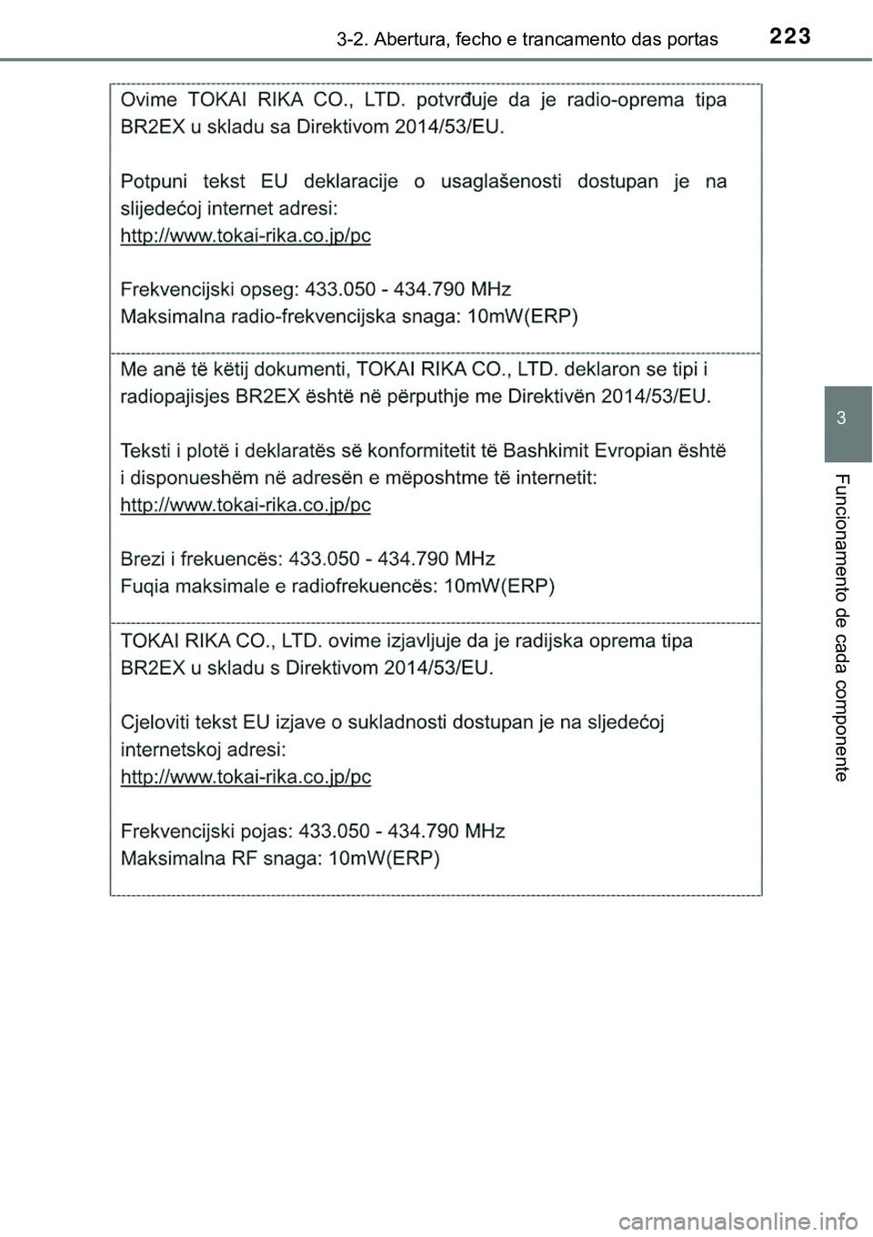 TOYOTA PRIUS 2021 Manual de utilização (in Portuguese) 2233-2. Abertura, fecho e trancamento das portas
3
Funcionamento de cada componente TOYOTA PRIUS 2021 Manual de utilização (in Portuguese) 2233-2. Abertura, fecho e trancamento das portas
3
Funcionamento de cada componente