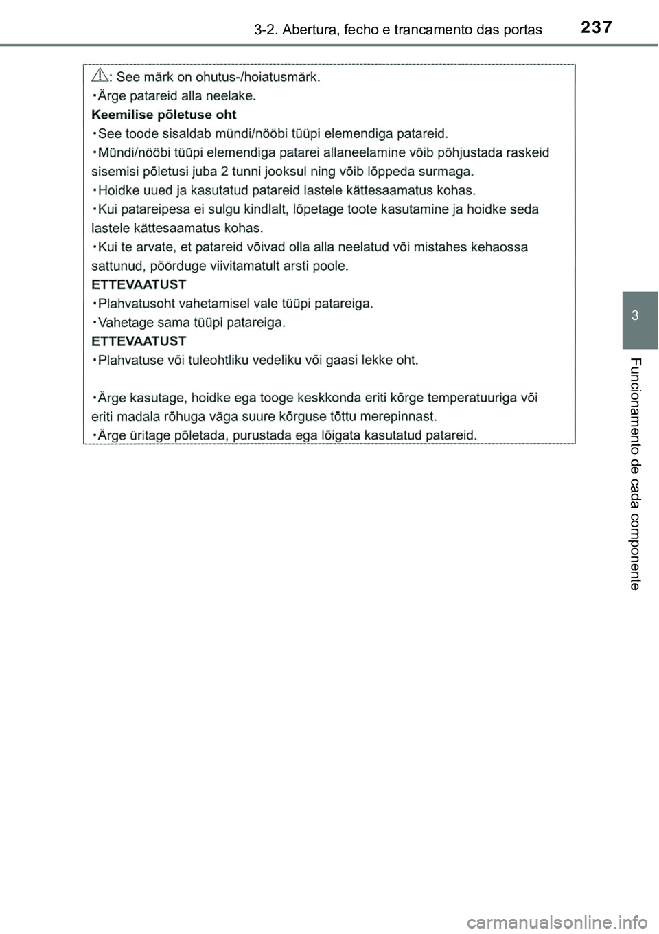 TOYOTA PRIUS 2021  Manual de utilização (in Portuguese) 2373-2. Abertura, fecho e trancamento das portas
3
Funcionamento de cada componente 