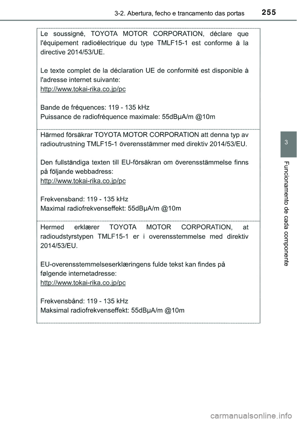 TOYOTA PRIUS 2021 Manual de utilização (in Portuguese) 2553-2. Abertura, fecho e trancamento das portas
3
Funcionamento de cada componente TOYOTA PRIUS 2021 Manual de utilização (in Portuguese) 2553-2. Abertura, fecho e trancamento das portas
3
Funcionamento de cada componente