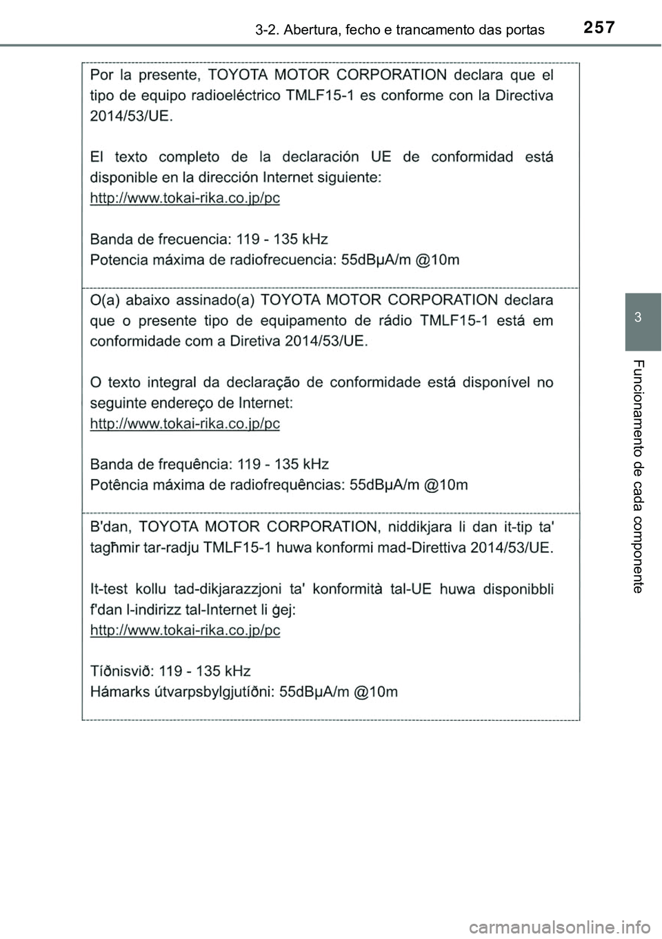 TOYOTA PRIUS 2021 Manual de utilização (in Portuguese) 2573-2. Abertura, fecho e trancamento das portas
3
Funcionamento de cada componente TOYOTA PRIUS 2021 Manual de utilização (in Portuguese) 2573-2. Abertura, fecho e trancamento das portas
3
Funcionamento de cada componente