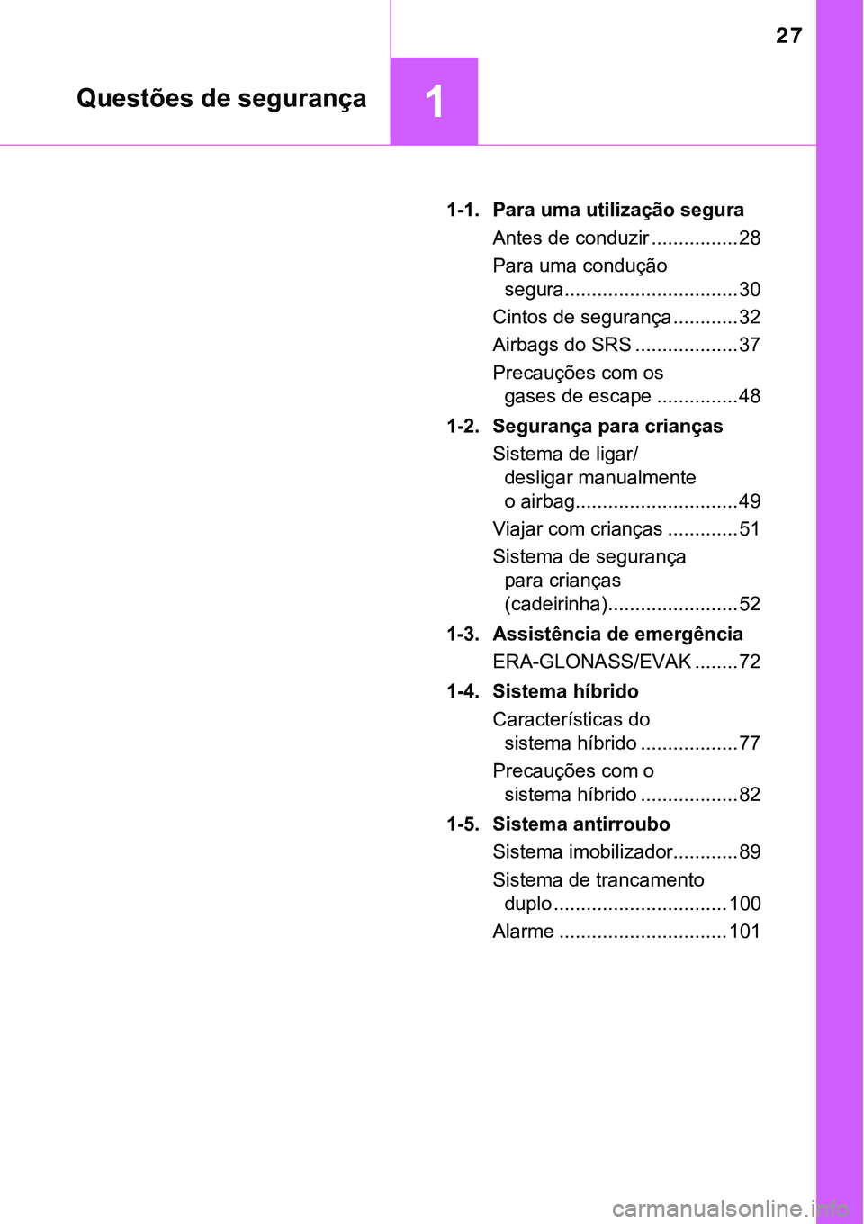 TOYOTA PRIUS 2021  Manual de utilização (in Portuguese) 27
1Questões de segurança
1-1. Para uma utilização segura
Antes de conduzir ................ 28
Para uma condução 
segura................................ 30
Cintos de segurança ............ 32
