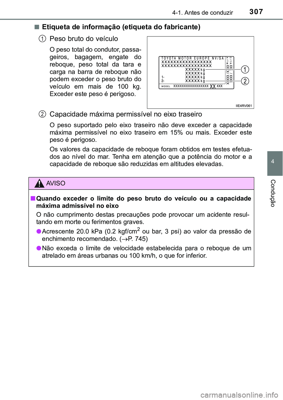 TOYOTA PRIUS 2021  Manual de utilização (in Portuguese) 3074-1. Antes de conduzir
4
Condução
■Etiqueta de informação (etiqueta do fabricante)
Peso bruto do veículo
O peso total do condutor, passa-
geiros,  bagagem,  engate  do
reboque,  peso  total 