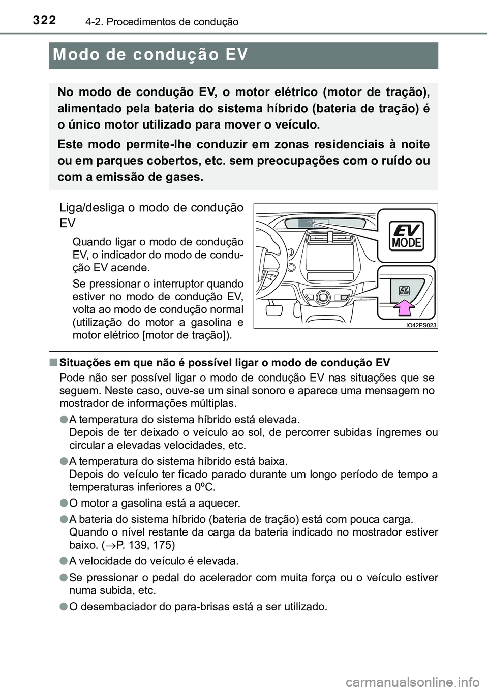 TOYOTA PRIUS 2021  Manual de utilização (in Portuguese) 3224-2. Procedimentos de condução
Modo de condução EV
Liga/desliga o modo de condução
EV
Quando ligar o modo de condução
EV, o indicador do modo de condu-
ção EV acende.
Se pressionar o inte