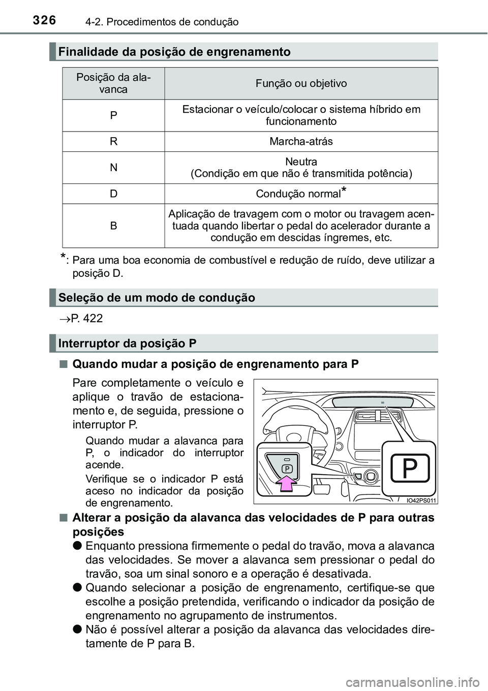 TOYOTA PRIUS 2021  Manual de utilização (in Portuguese) 3264-2. Procedimentos de condução
*: Para uma boa economia de combustível e redução de ruído, deve utilizar a
posição D.
P.   4 2 2
■Quando mudar a posição de engrenamento para P
Pare  