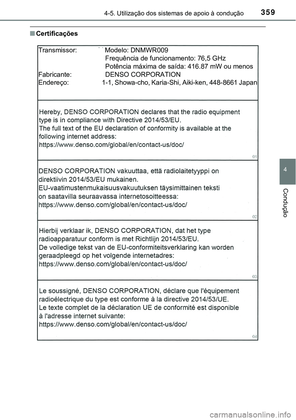 TOYOTA PRIUS 2021  Manual de utilização (in Portuguese) 3594-5. Utilização dos sistemas de apoio à condução
4
Condução
■Certificações
Transmissor:               Modelo: DNMWR009
                                    Frequência de funcionamento: 7