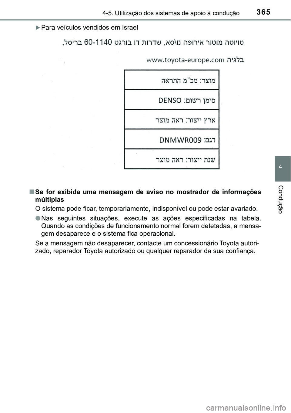 TOYOTA PRIUS 2021  Manual de utilização (in Portuguese) 3654-5. Utilização dos sistemas de apoio à condução
4
Condução
Para veículos vendidos em Israel
■Se  for  exibida  uma  mensagem  de  aviso  no  mostrador  de  informações
múltiplas
O 