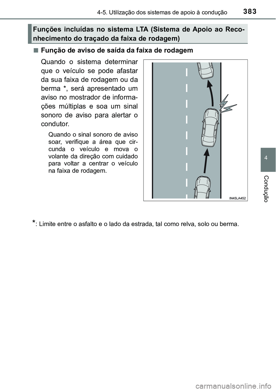 TOYOTA PRIUS 2021 Manual de utilização (in Portuguese) 3834-5. Utilização dos sistemas de apoio à condução
4
Condução
■Função de aviso de saída da faixa de rodagem
Quando o sistema determinar
que o veículo se pode afastar
da sua faixa TOYOTA PRIUS 2021 Manual de utilização (in Portuguese) 3834-5. Utilização dos sistemas de apoio à condução
4
Condução
■Função de aviso de saída da faixa de rodagem
Quando o sistema determinar
que o veículo se pode afastar
da sua faixa