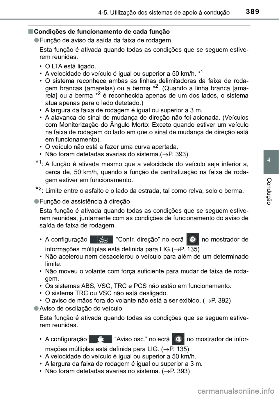TOYOTA PRIUS 2021  Manual de utilização (in Portuguese) 3894-5. Utilização dos sistemas de apoio à condução
4
Condução
■Condições de funcionamento de cada função
●Função de aviso da saída da faixa de rodagem
Esta  função  é  ativada  q
