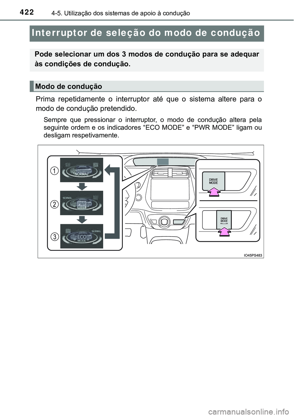 TOYOTA PRIUS 2021 Manual de utilização (in Portuguese) 4224-5. Utilização dos sistemas de apoio à condução
Interruptor de seleção do modo de condução
Prima repetidamente o interruptor até que o sistema altere para o
modo de condução p TOYOTA PRIUS 2021 Manual de utilização (in Portuguese) 4224-5. Utilização dos sistemas de apoio à condução
Interruptor de seleção do modo de condução
Prima repetidamente o interruptor até que o sistema altere para o
modo de condução p