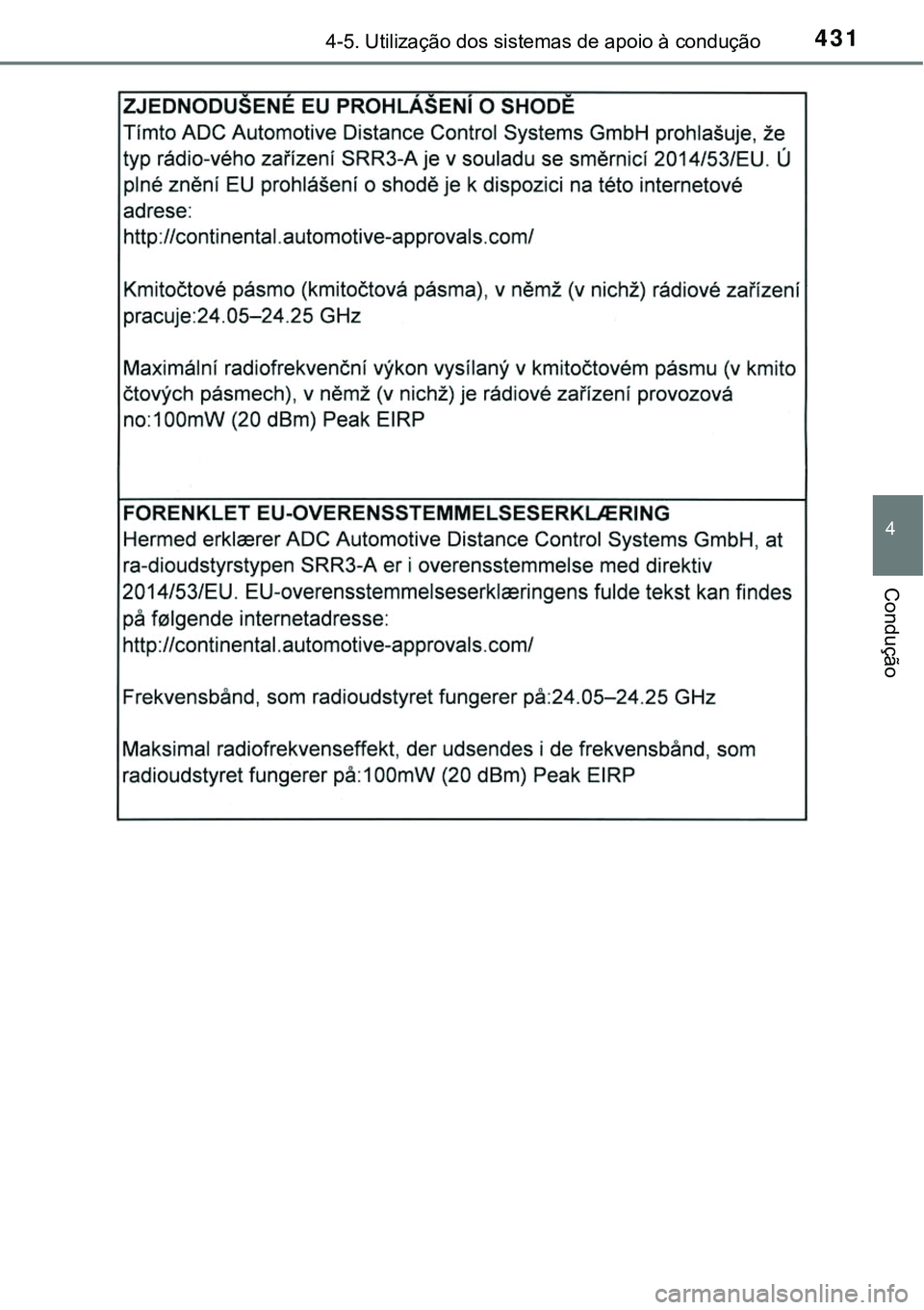 TOYOTA PRIUS 2021  Manual de utilização (in Portuguese) 4314-5. Utilização dos sistemas de apoio à condução
4
Condução 