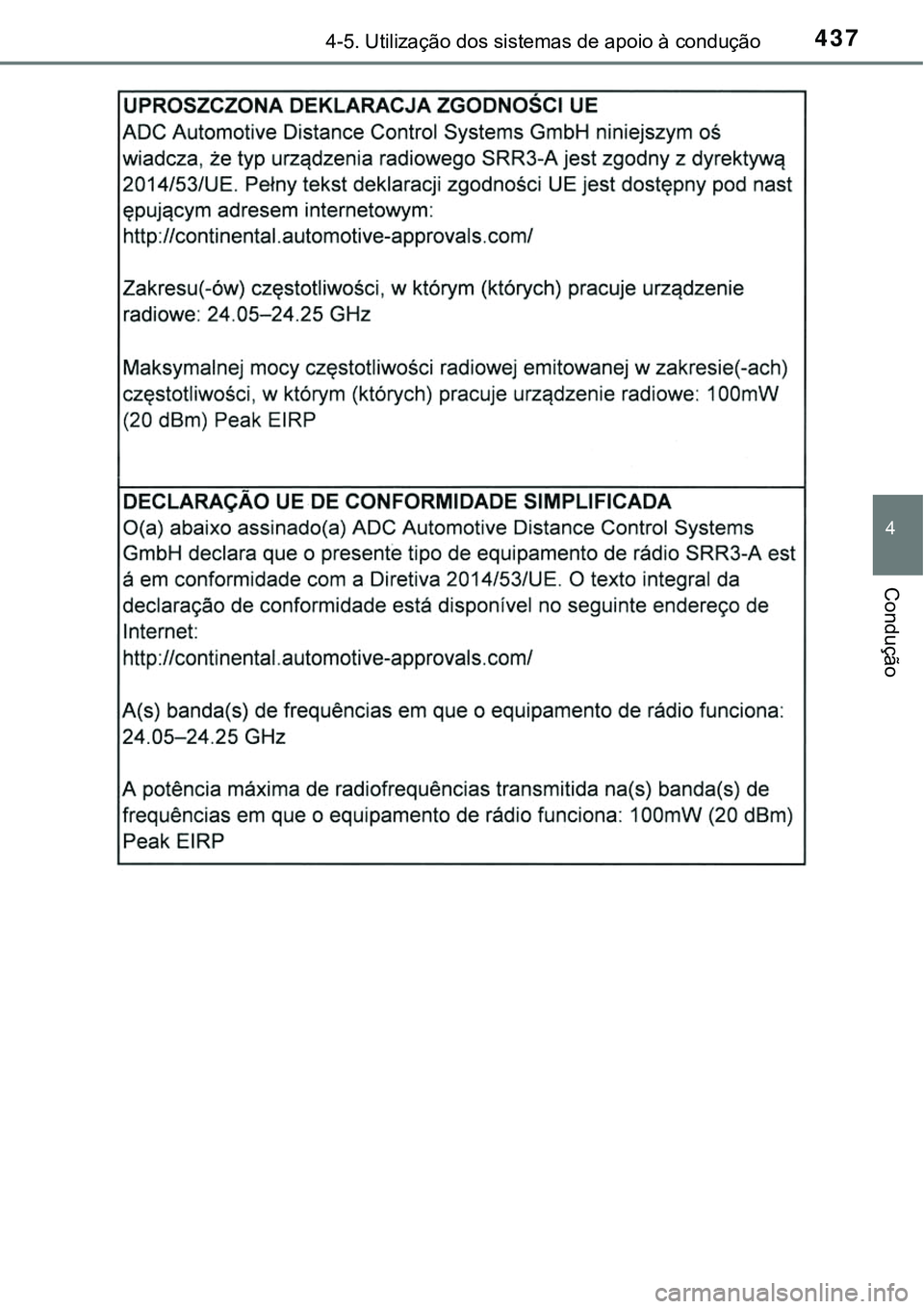TOYOTA PRIUS 2021  Manual de utilização (in Portuguese) 4374-5. Utilização dos sistemas de apoio à condução
4
Condução 