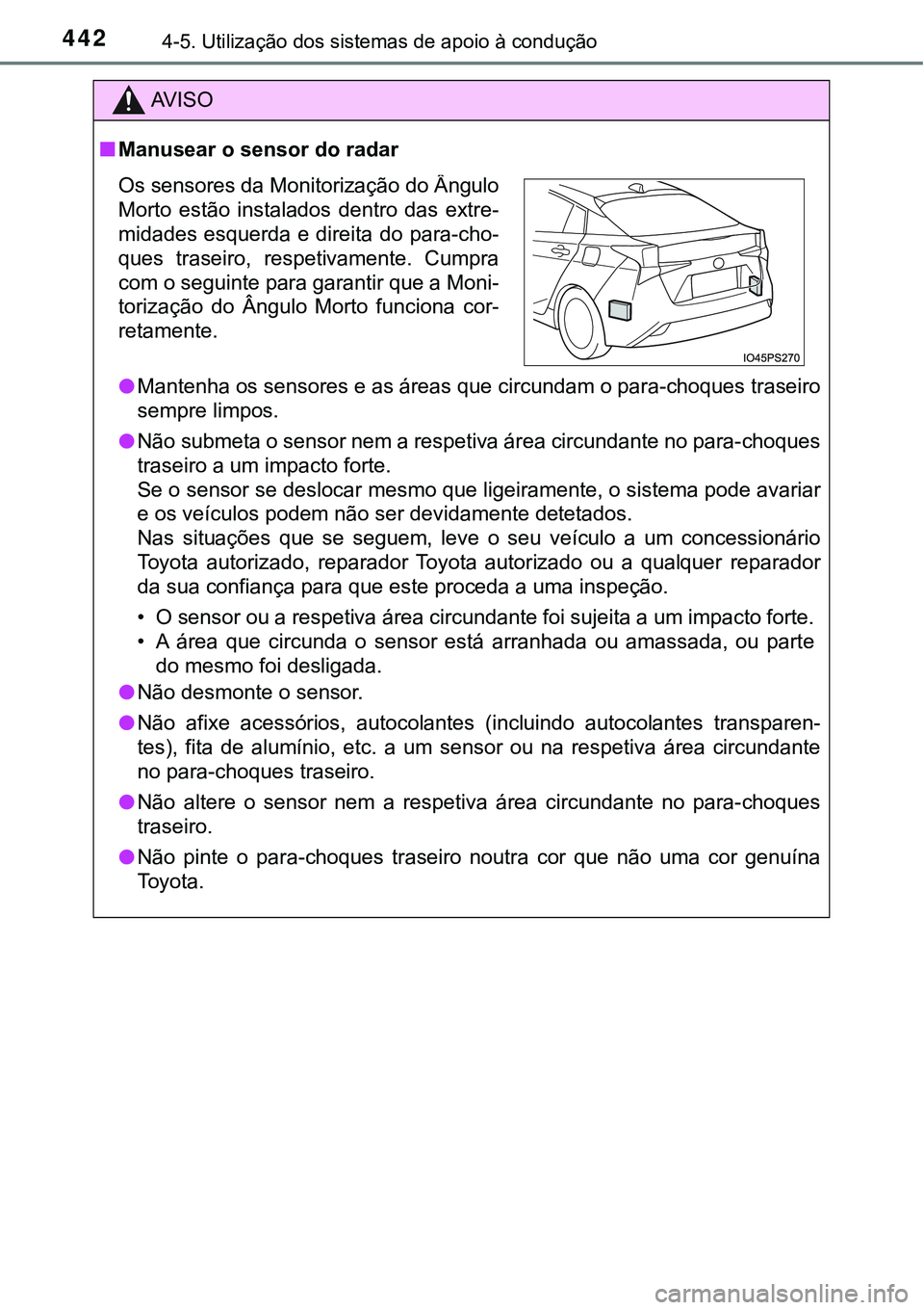 TOYOTA PRIUS 2021  Manual de utilização (in Portuguese) 4424-5. Utilização dos sistemas de apoio à condução
AV I S O
■Manusear o sensor do radar
●Mantenha os sensores e as áreas que circundam o para-choques traseiro
sempre limpos.
●Não submeta