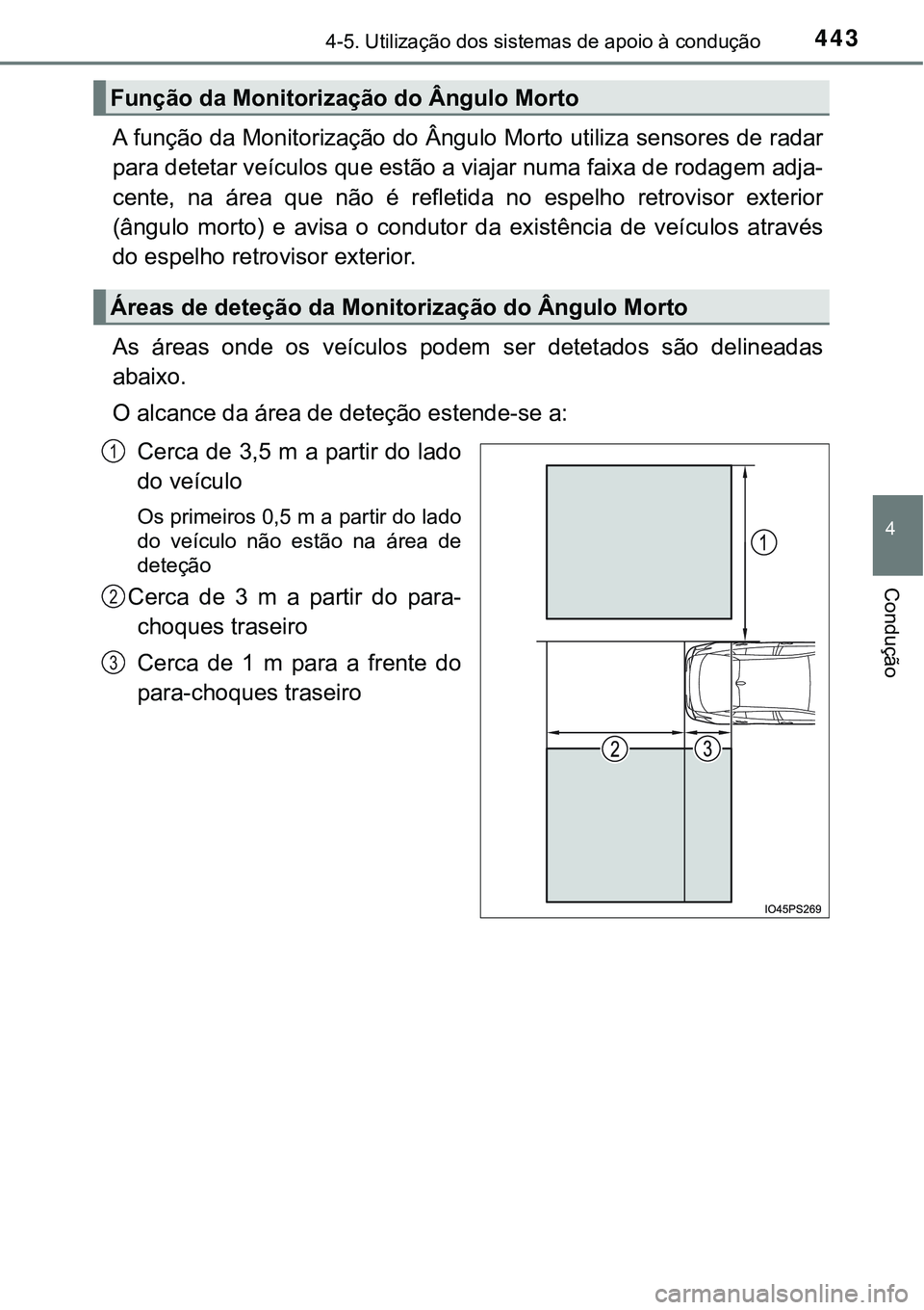 TOYOTA PRIUS 2021  Manual de utilização (in Portuguese) 4434-5. Utilização dos sistemas de apoio à condução
4
Condução
A função da Monitorização do Ângulo Morto utiliza sensores de radar
para detetar veículos que estão a viajar numa faixa de 