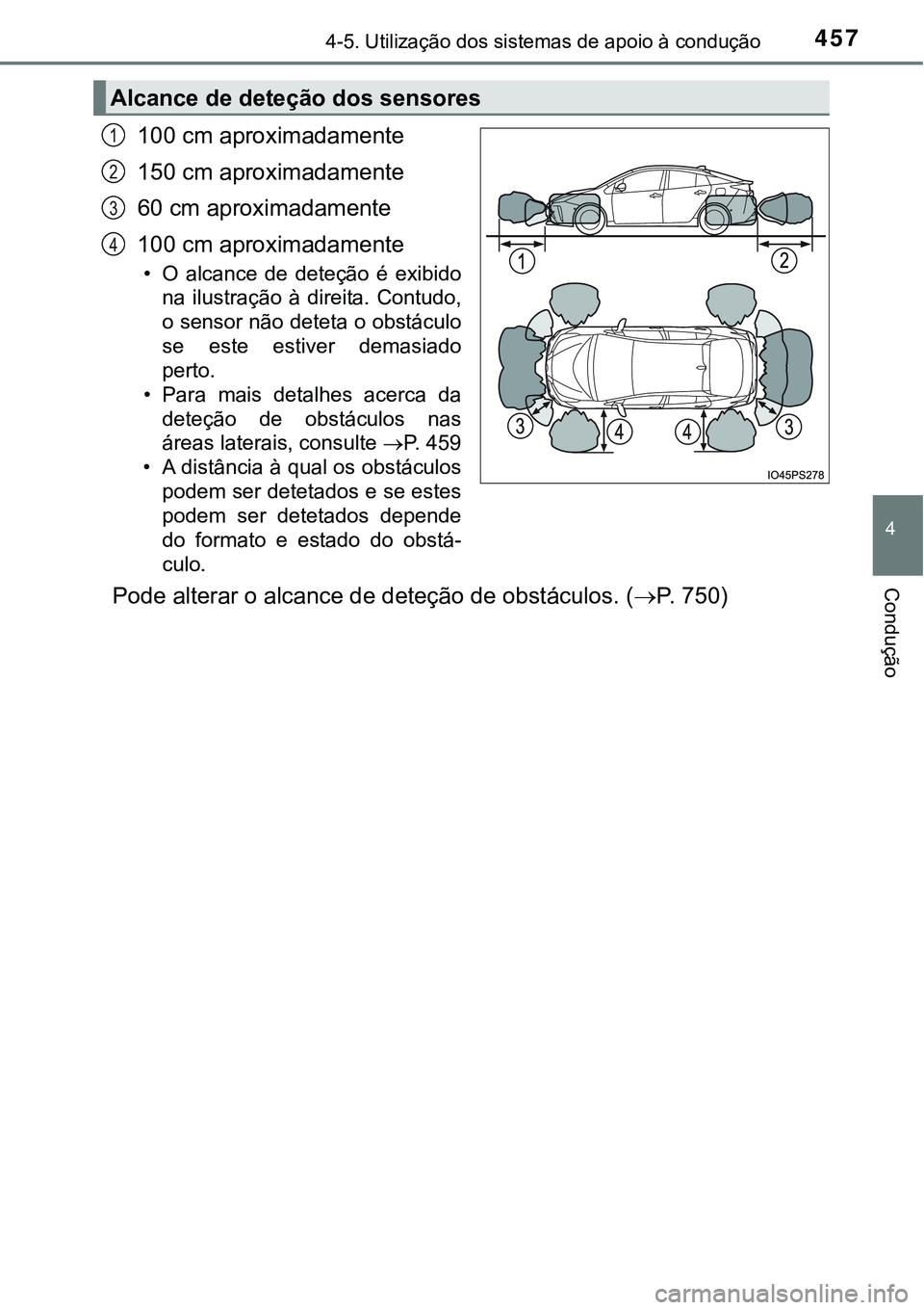 TOYOTA PRIUS 2021 Manual de utilização (in Portuguese) 4574-5. Utilização dos sistemas de apoio à condução
4
Condução
100 cm aproximadamente
150 cm aproximadamente
60 cm aproximadamente
100 cm aproximadamente
• O alcance de deteção é exib TOYOTA PRIUS 2021 Manual de utilização (in Portuguese) 4574-5. Utilização dos sistemas de apoio à condução
4
Condução
100 cm aproximadamente
150 cm aproximadamente
60 cm aproximadamente
100 cm aproximadamente
• O alcance de deteção é exib