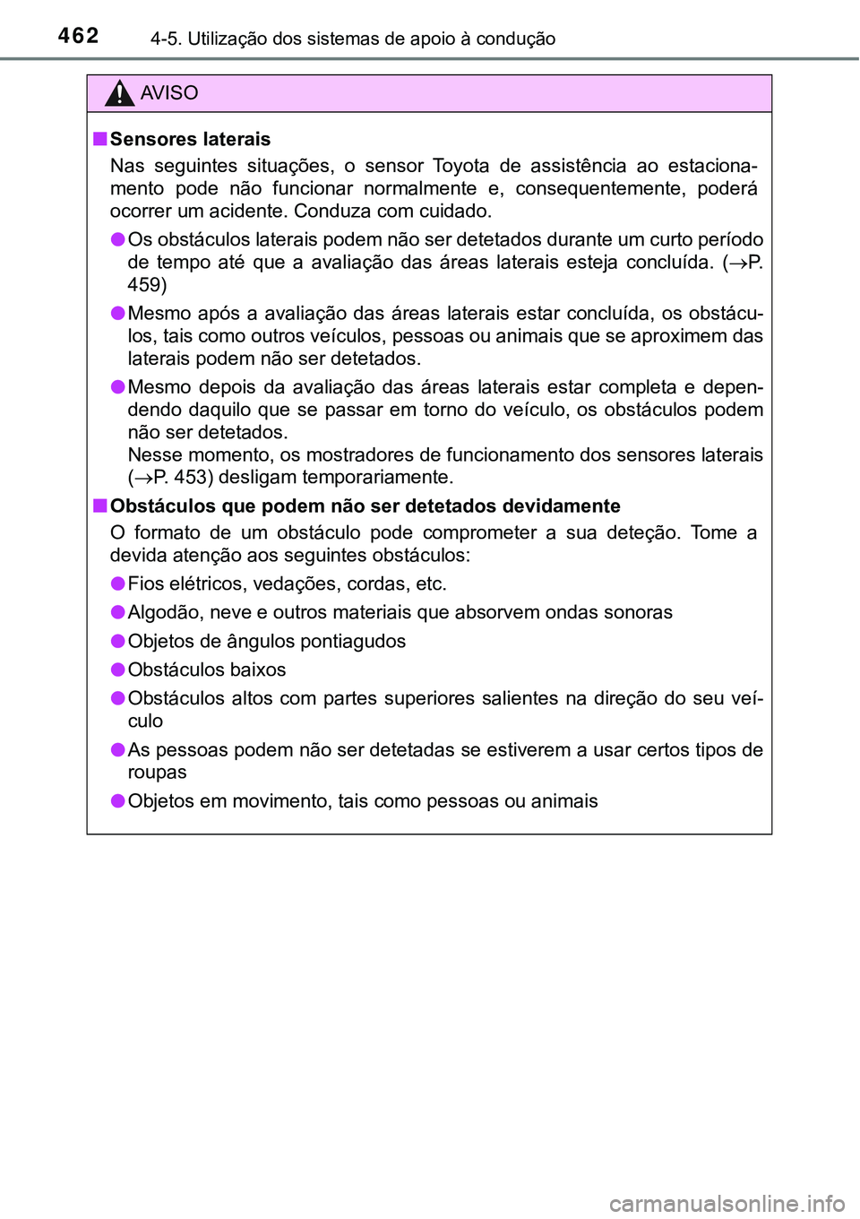 TOYOTA PRIUS 2021 Manual de utilização (in Portuguese) 4624-5. Utilização dos sistemas de apoio à condução
AV I S O
■Sensores laterais
Nas seguintes situações, o sensor Toyota de assistência ao estaciona-
mento pode não funcionar n TOYOTA PRIUS 2021 Manual de utilização (in Portuguese) 4624-5. Utilização dos sistemas de apoio à condução
AV I S O
■Sensores laterais
Nas seguintes situações, o sensor Toyota de assistência ao estaciona-
mento pode não funcionar n