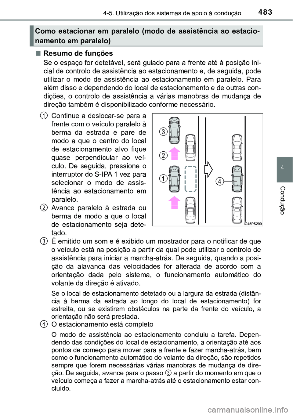 TOYOTA PRIUS 2021  Manual de utilização (in Portuguese) 4834-5. Utilização dos sistemas de apoio à condução
4
Condução
■Resumo de funções
Se o espaço for detetável, será guiado para a frente até à posição ini-
cial de controlo de assistê