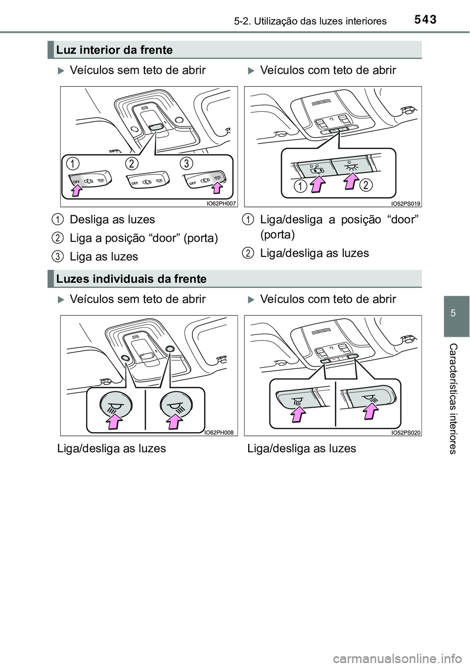 TOYOTA PRIUS 2021  Manual de utilização (in Portuguese) 5435-2. Utilização das luzes interiores
5
Características interiores
Luz interior da frente
Veículos sem teto de abrirVeículos com teto de abrir
Desliga as luzes
Liga a posição “door”