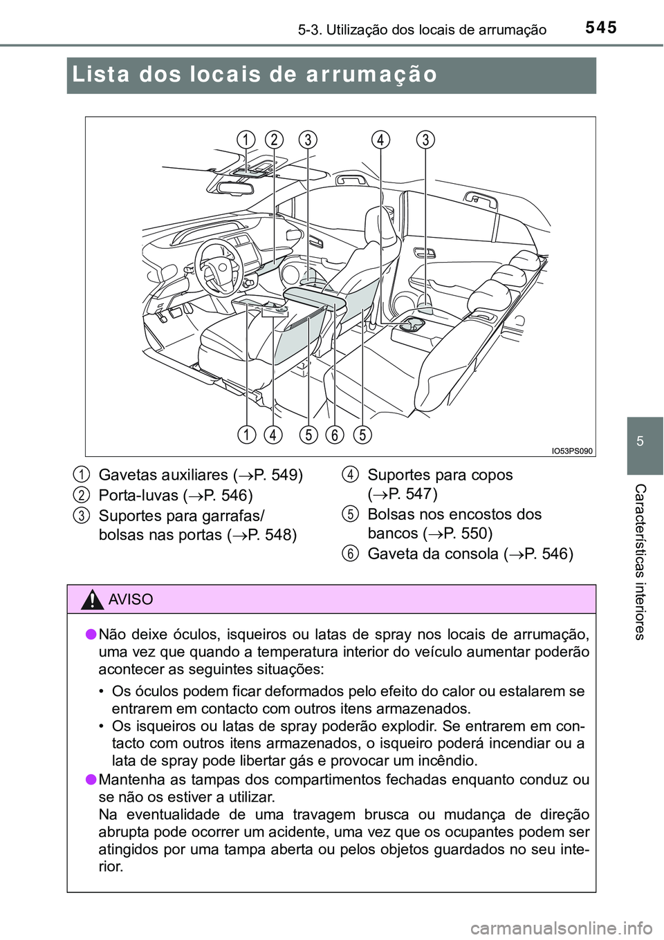 TOYOTA PRIUS 2021  Manual de utilização (in Portuguese) 5455-3. Utilização dos locais de arrumação
5
Características interiores
Lista dos locais de arrumação
Gavetas auxiliares (P.   5 4 9 )
Porta-luvas (P.   5 4 6 )
Suportes para garrafas/
bo