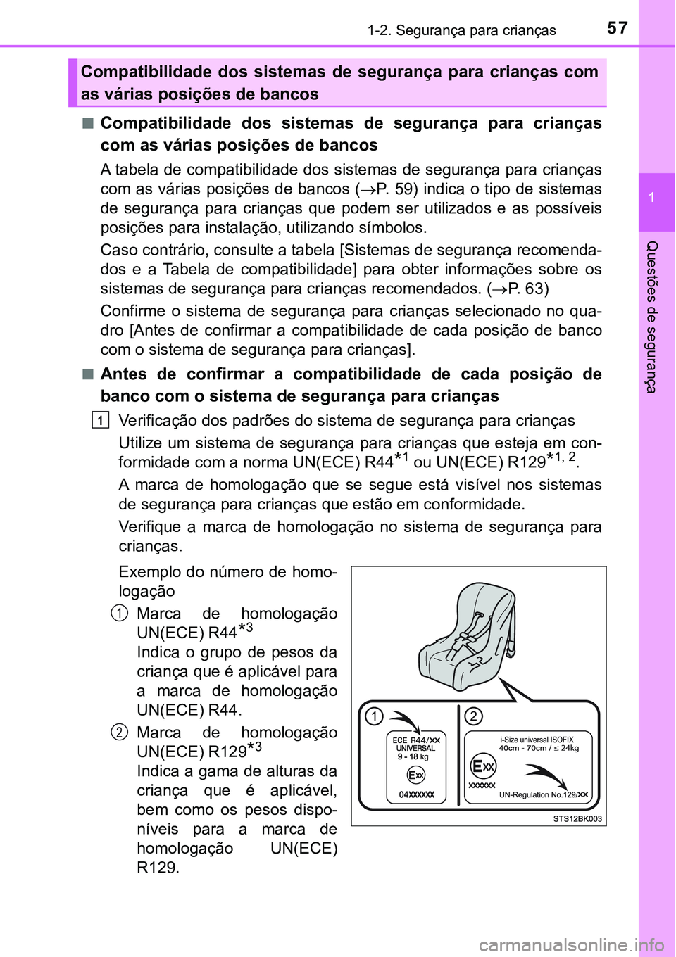 TOYOTA PRIUS 2021  Manual de utilização (in Portuguese) 571-2. Segurança para crianças
1
Questões de segurança
■Compatibilidade  dos  sistemas  de  segurança  para  crianças
com as várias posições de bancos
A tabela de compatibilidade dos sistem