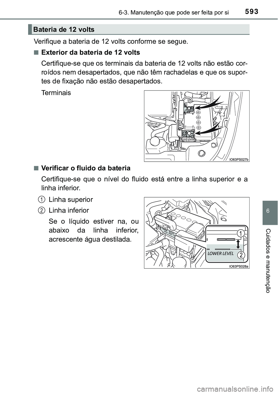 TOYOTA PRIUS 2021  Manual de utilização (in Portuguese) 5936-3. Manutenção que pode ser feita por si
6
Cuidados e manutenção
Verifique a bateria de 12 volts conforme se segue.
■Exterior da bateria de 12 volts
Certifique-se que os terminais da bateria