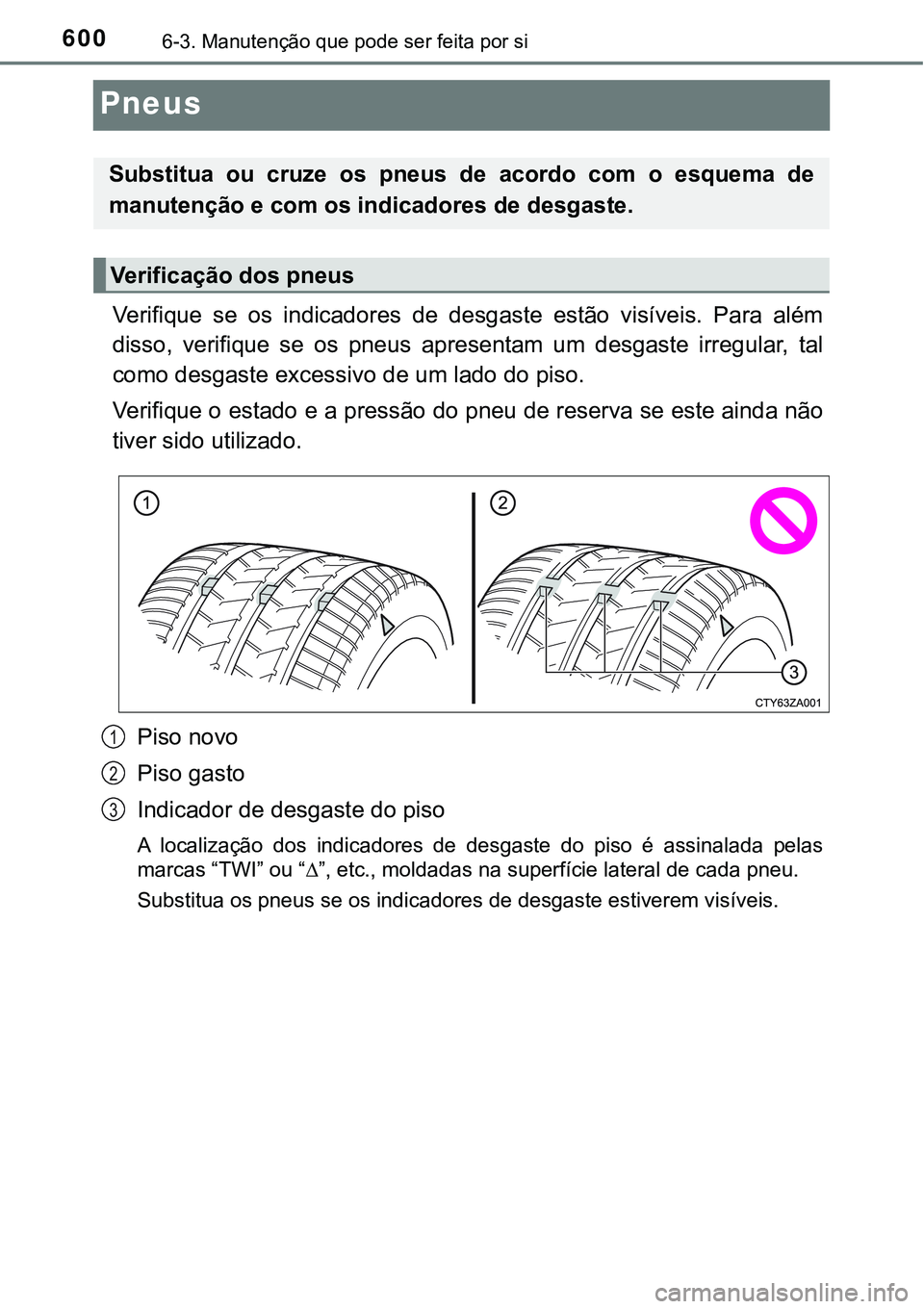 TOYOTA PRIUS 2021  Manual de utilização (in Portuguese) 6006-3. Manutenção que pode ser feita por si
Pneus
Verifique  se  os  indicadores  de  desgaste  estão  visíveis.  Para  além
disso,  verifique  se  os  pneus  apresentam  um  desgaste  irregular