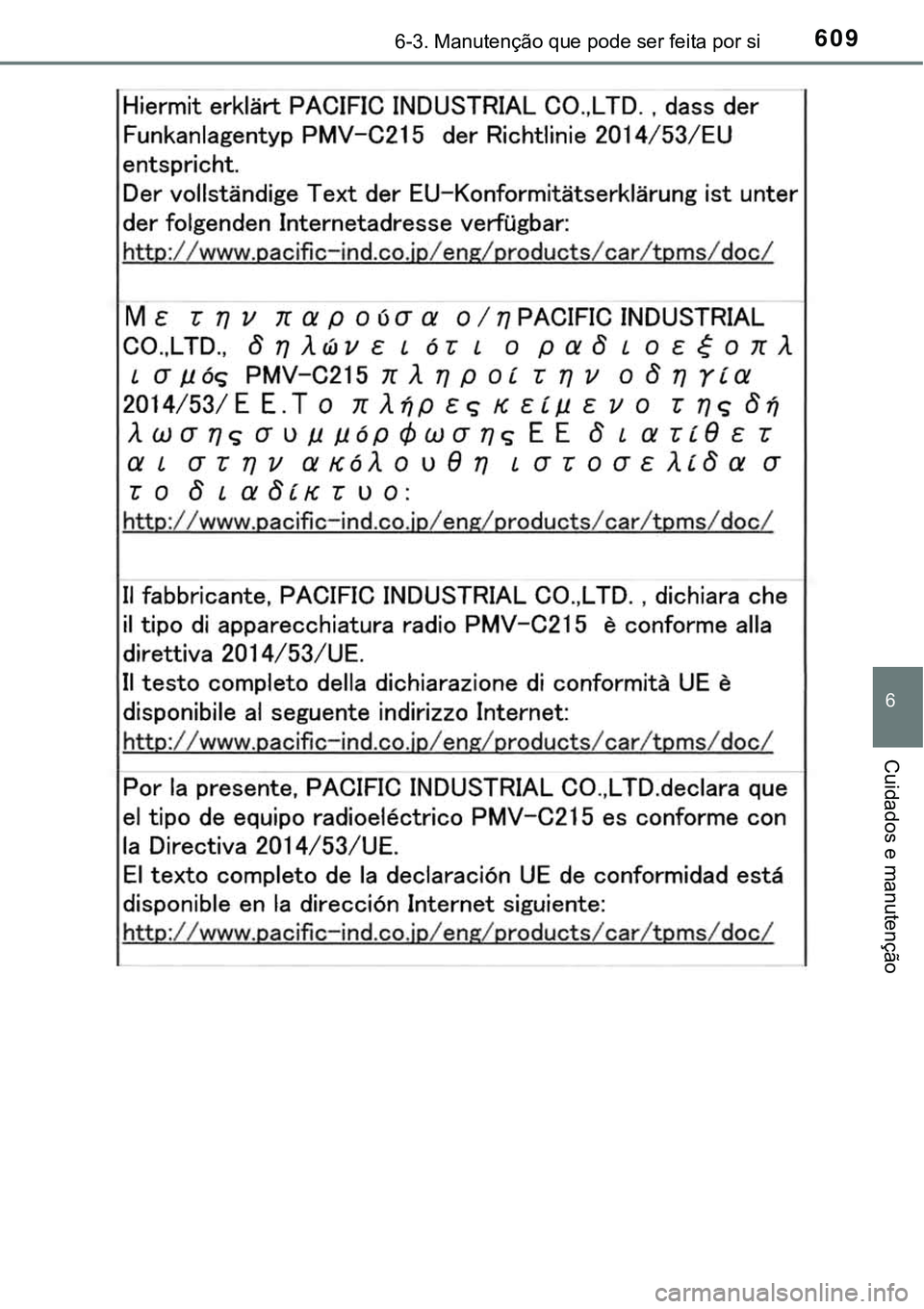 TOYOTA PRIUS 2021 Manual de utilização (in Portuguese) 6096-3. Manutenção que pode ser feita por si
6
Cuidados e manutenção TOYOTA PRIUS 2021 Manual de utilização (in Portuguese) 6096-3. Manutenção que pode ser feita por si
6
Cuidados e manutenção