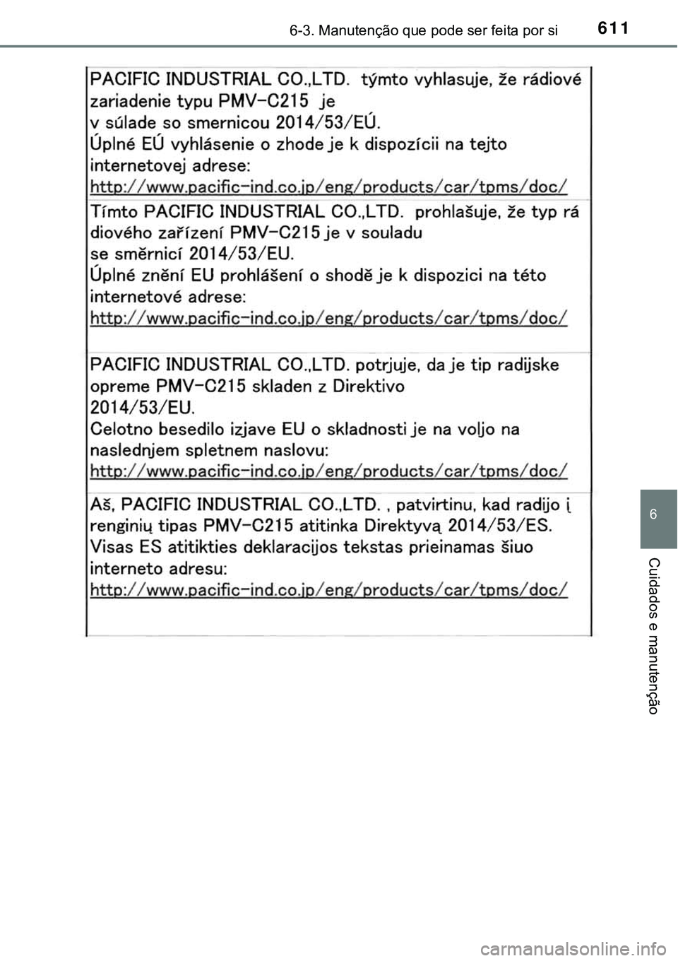TOYOTA PRIUS 2021 Manual de utilização (in Portuguese) 6116-3. Manutenção que pode ser feita por si
6
Cuidados e manutenção TOYOTA PRIUS 2021 Manual de utilização (in Portuguese) 6116-3. Manutenção que pode ser feita por si
6
Cuidados e manutenção