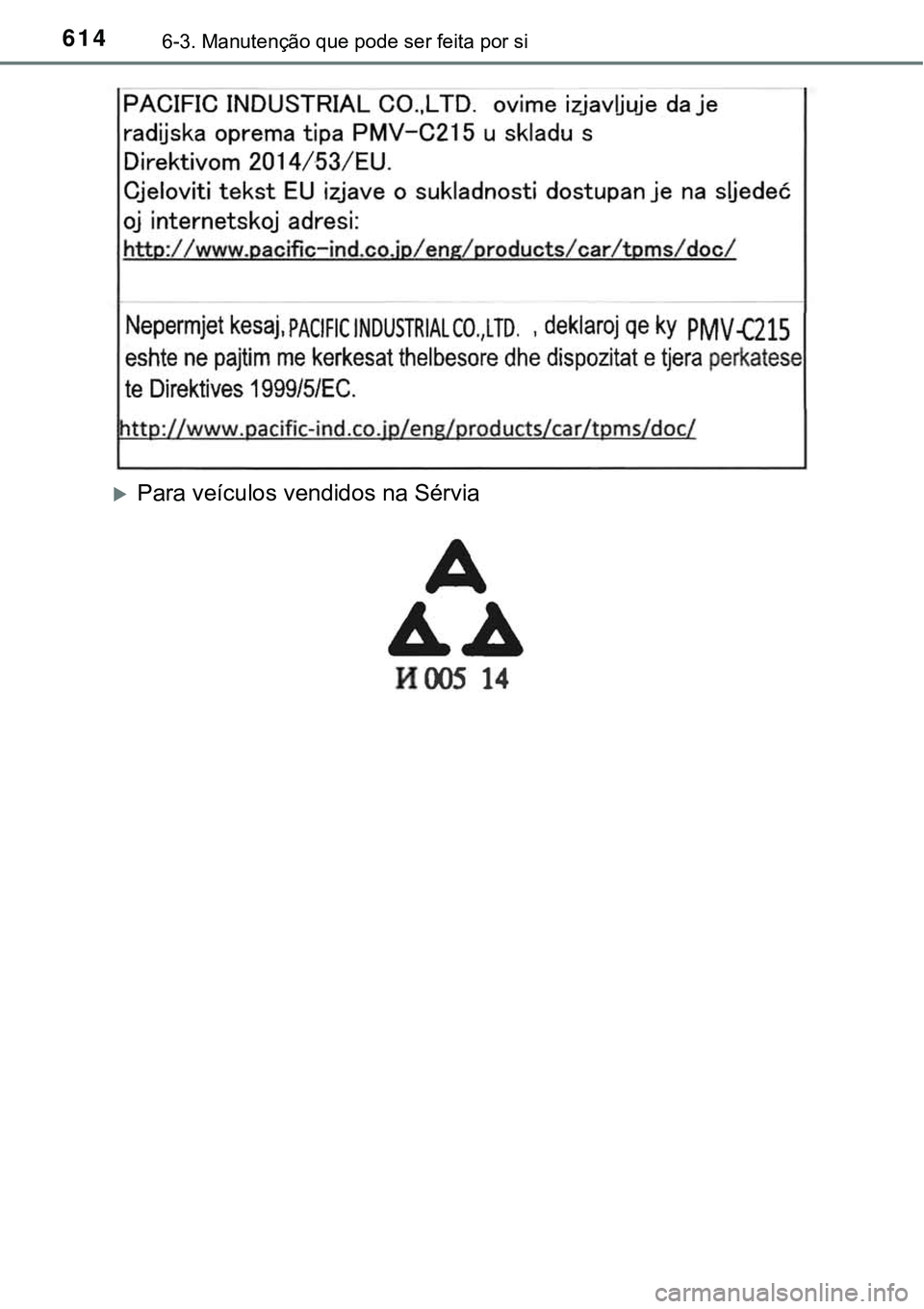 TOYOTA PRIUS 2021 Manual de utilização (in Portuguese) 6146-3. Manutenção que pode ser feita por si
Para veículos vendidos na Sérvia TOYOTA PRIUS 2021 Manual de utilização (in Portuguese) 6146-3. Manutenção que pode ser feita por si
Para veículos vendidos na Sérvia