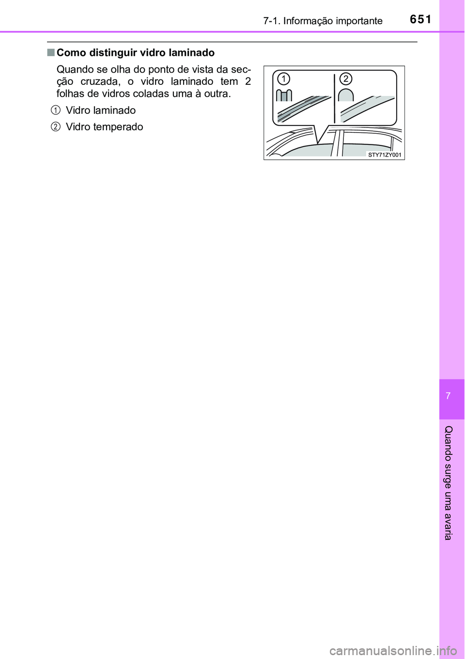 TOYOTA PRIUS 2021  Manual de utilização (in Portuguese) 6517-1. Informação importante
7
Quando surge uma avaria
■Como distinguir vidro laminado
Quando se olha do ponto de vista da sec-
ção  cruzada,  o  vidro  laminado  tem  2
folhas de vidros colada