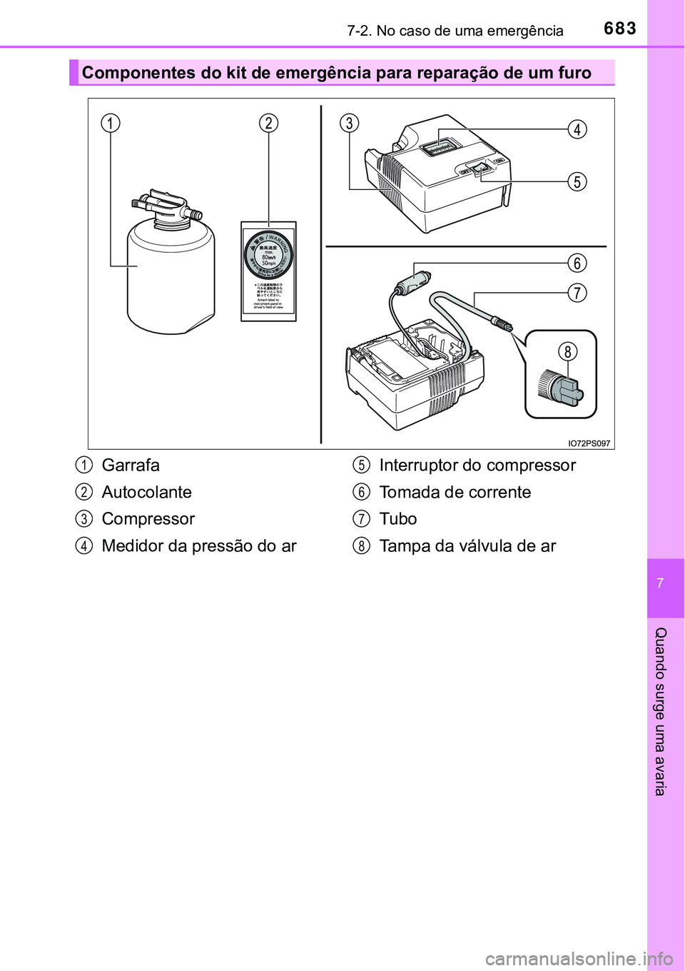 TOYOTA PRIUS 2021  Manual de utilização (in Portuguese) 6837-2. No caso de uma emergência
7
Quando surge uma avaria
Componentes do kit de emergência para reparação de um furo
Garrafa
Autocolante
Compressor
Medidor da pressão do arInterruptor do compre