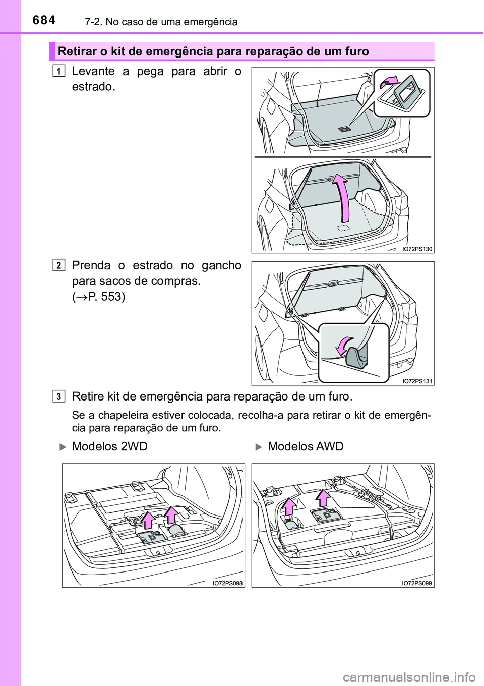 TOYOTA PRIUS 2021  Manual de utilização (in Portuguese) 6847-2. No caso de uma emergência
Levante  a  pega  para  abrir  o
estrado.
Prenda  o  estrado  no  gancho
para sacos de compras.
(P. 553)
Retire kit de emergência para reparação de um furo.
Se