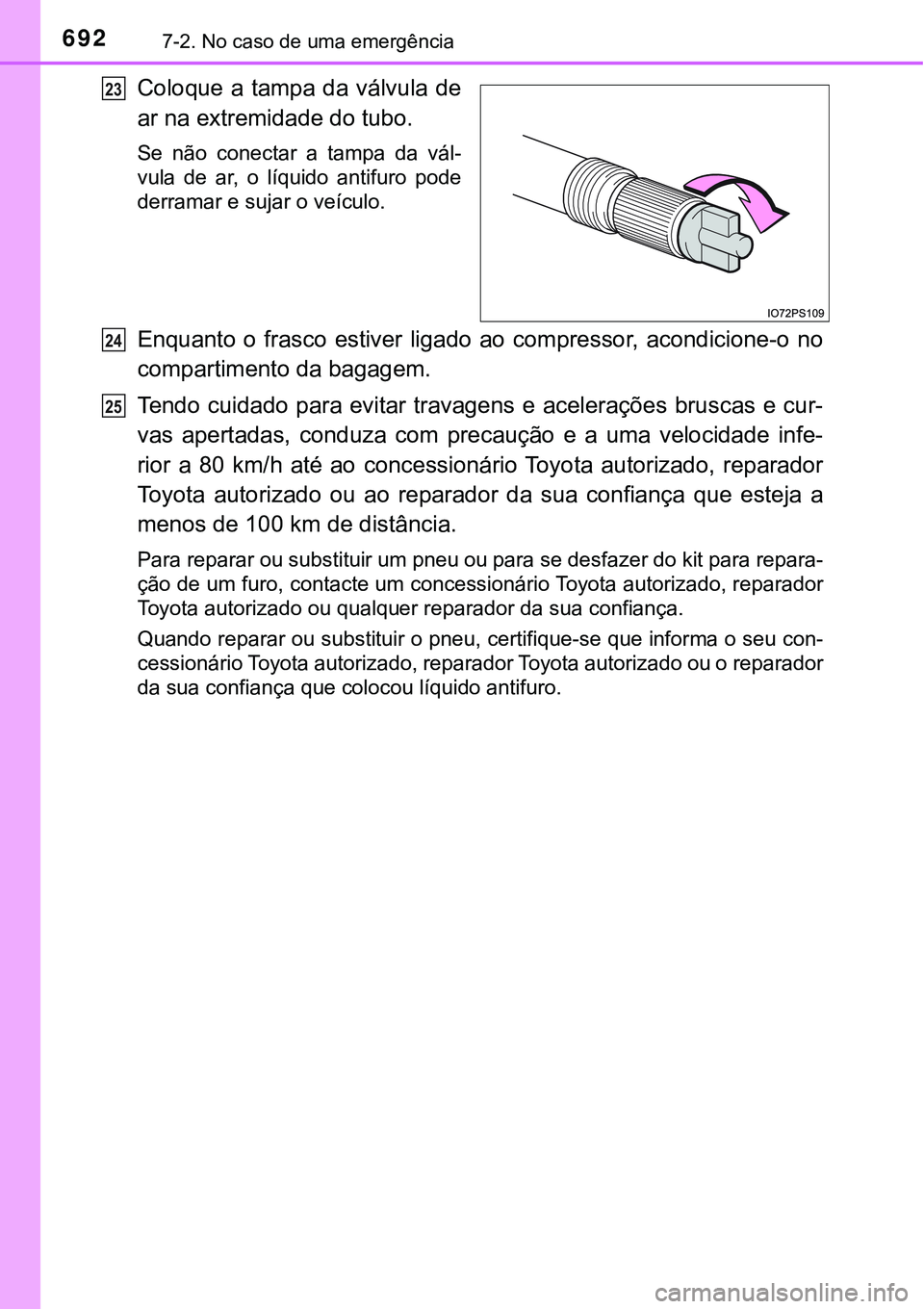 TOYOTA PRIUS 2021 Manual de utilização (in Portuguese) 6927-2. No caso de uma emergência
Coloque a tampa da válvula de
ar na extremidade do tubo.
Se não conectar a tampa da vál-
vula de ar, o líquido antifuro pode
derramar e sujar o veí TOYOTA PRIUS 2021 Manual de utilização (in Portuguese) 6927-2. No caso de uma emergência
Coloque a tampa da válvula de
ar na extremidade do tubo.
Se não conectar a tampa da vál-
vula de ar, o líquido antifuro pode
derramar e sujar o veí