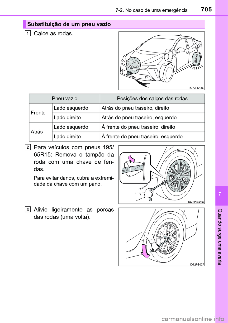 TOYOTA PRIUS 2021  Manual de utilização (in Portuguese) 7057-2. No caso de uma emergência
7
Quando surge uma avaria
Calce as rodas.
Para  veículos  com  pneus  195/
65R15:  Remova  o  tampão  da
roda  com  uma  chave  de  fen-
das.
Para evitar danos, cu